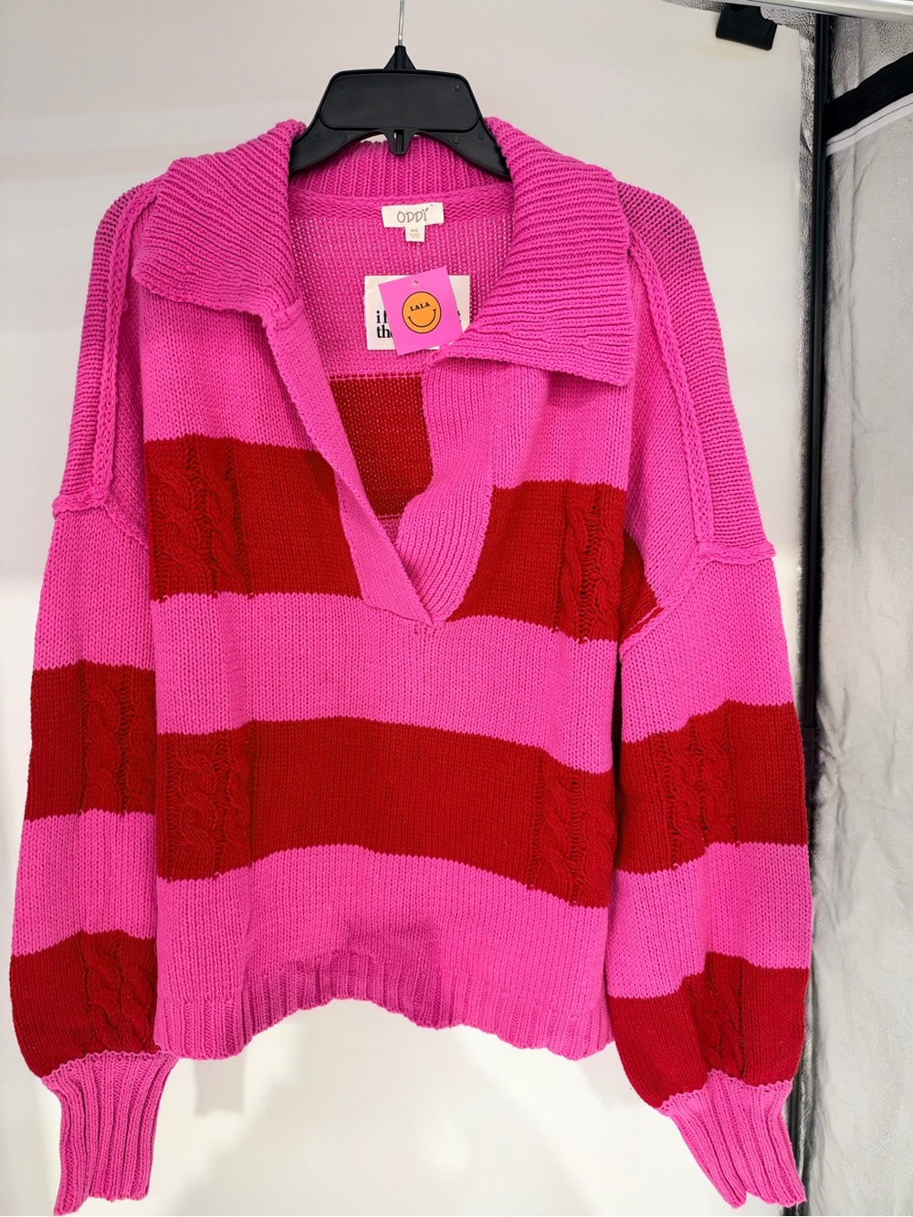Pink & Red Striped V-Neck Collared Sweater